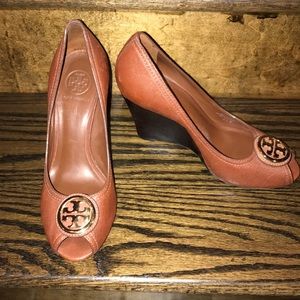Tory Burch Heeled Wedges w/Gold Medallion -Brown